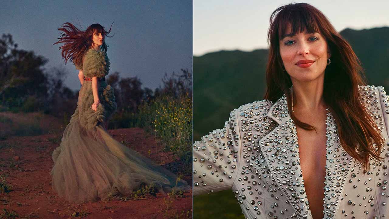 Montagem com duas fotos de Dakota Johnson uma das embaixadoras da Gucci.