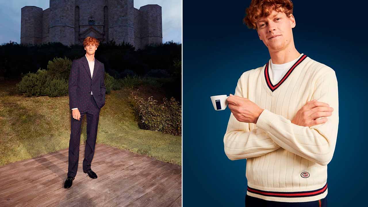 Montagem com duas fotos de um dos embaixadores da Gucci usando terno e tricô da marca.