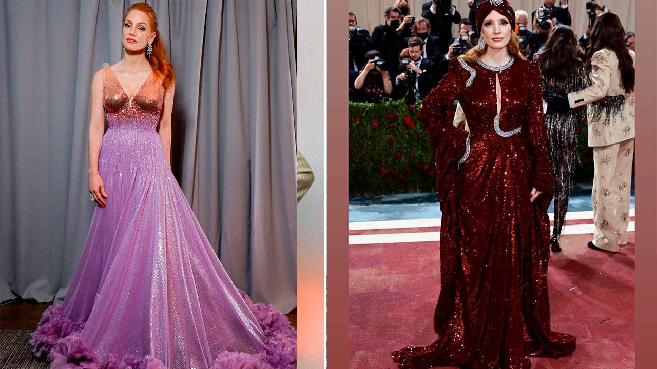 Montagem com duas fotos de mulher usando vestidos da Gucci.