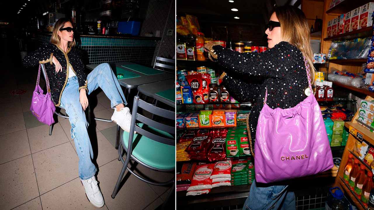 Montagem com duas fotos de mulher usando Bolsa Chanel 22 lilás.