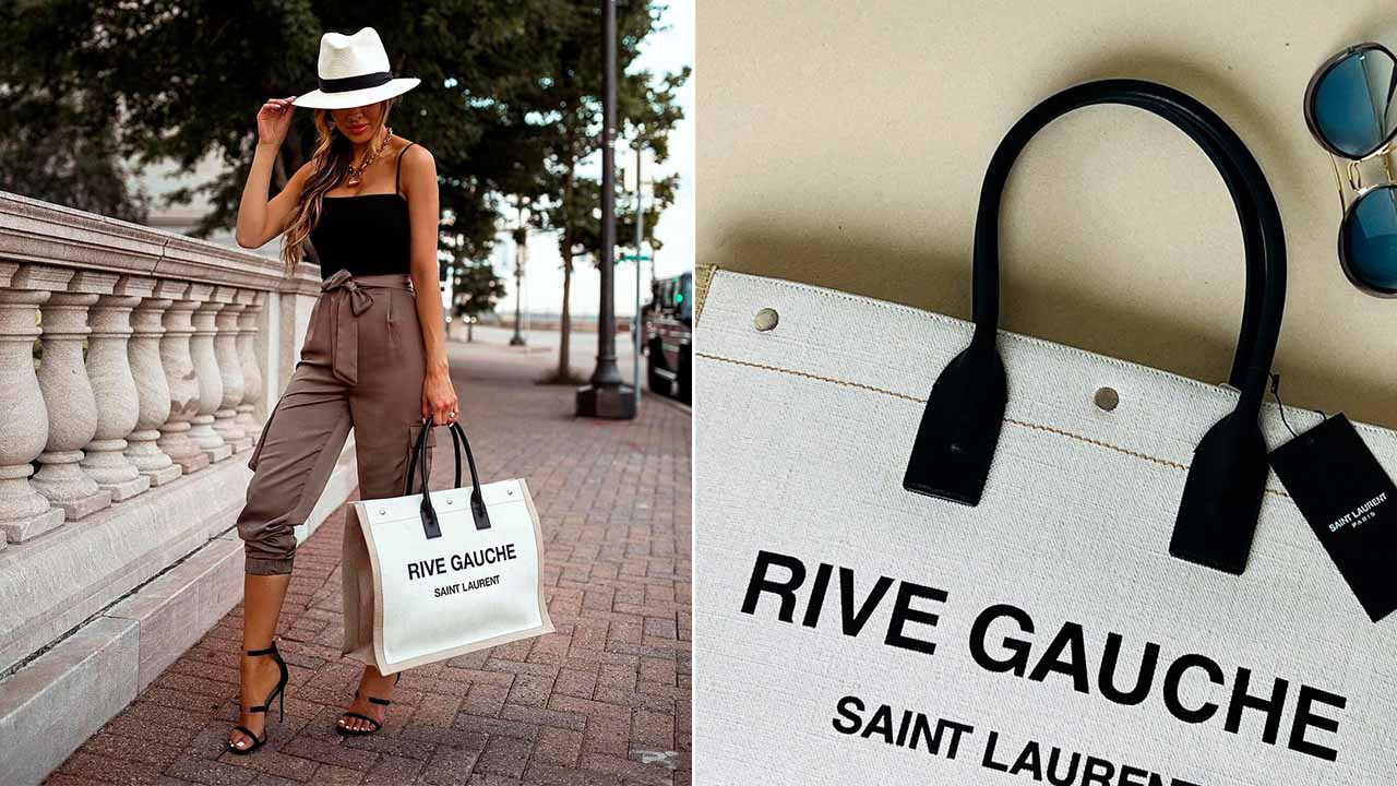 Montagem com duas imagens do modelo de bolsa sacola Le Rive Gauche da Yves Saint Laurent.