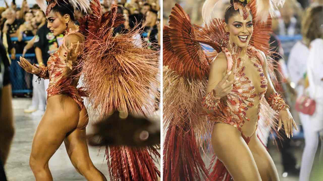 Look de Juliana Paes no desfile da Grande Rio em 2019. (Foto 1: Reprodução/Revista Quem; Foto 2: Reprodução/Instagram @julianapaes).