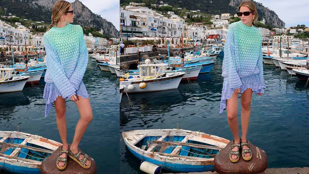 Montagem com duas imagens de mulher usando vestido de tricô com papete.