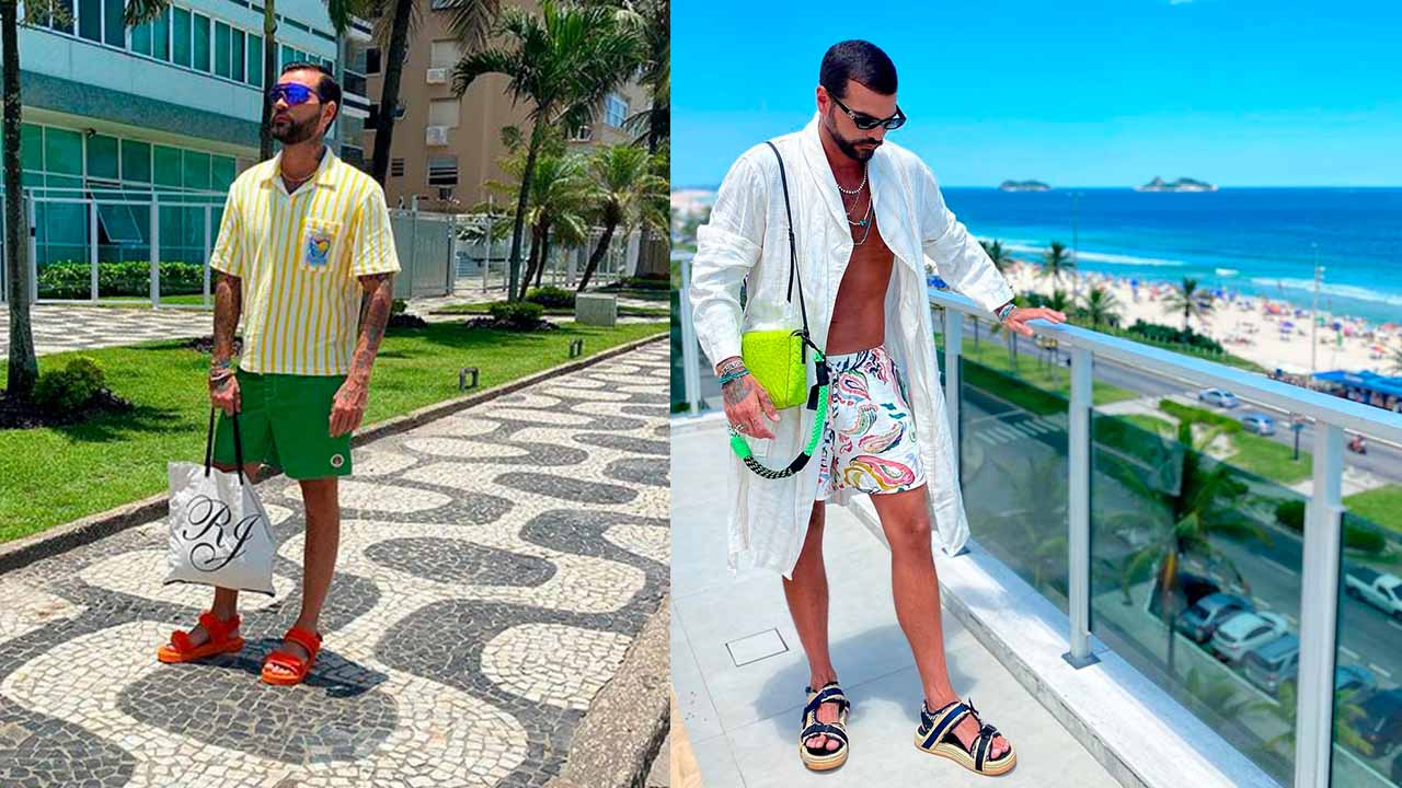 Montagem com duas fotos de looks masculino com papete, homem usa shorts com camisa
