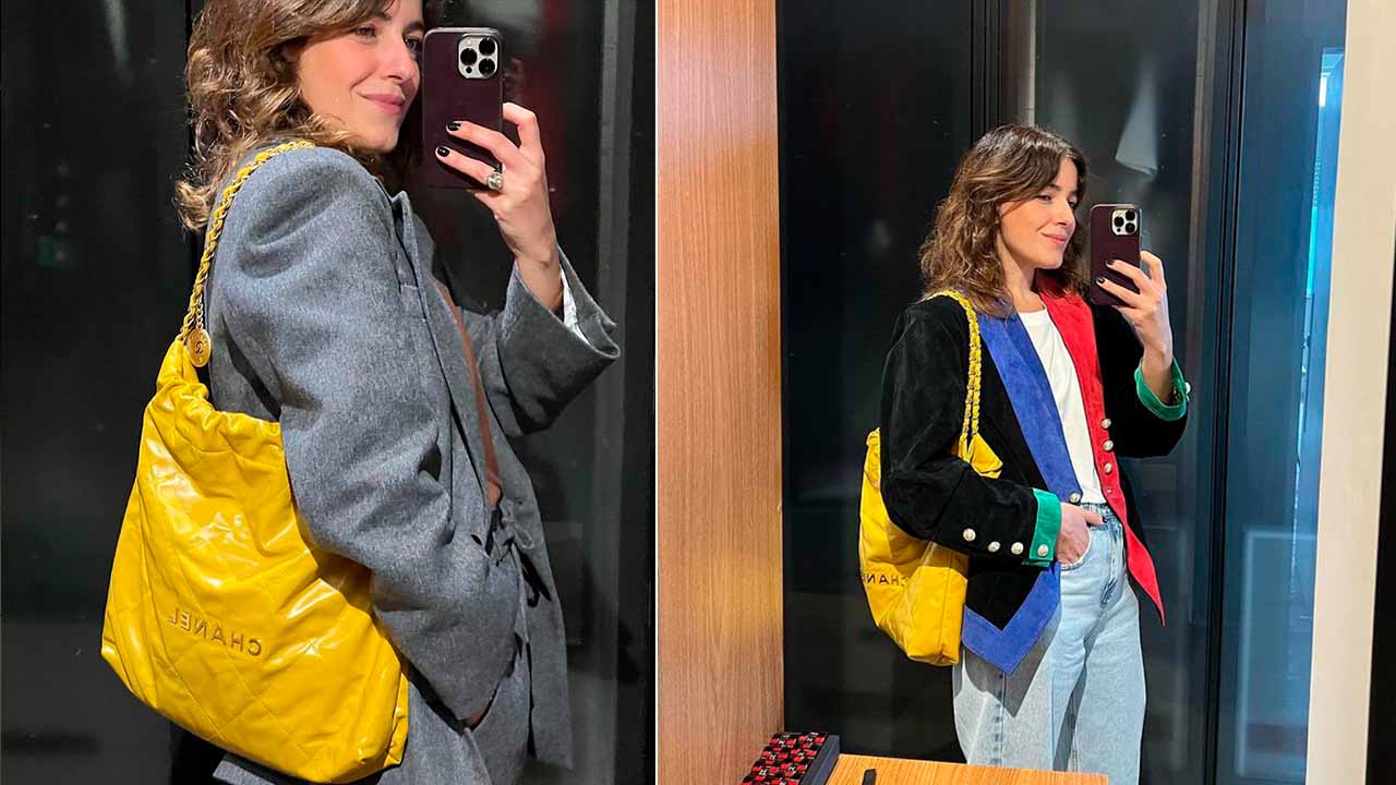 Montagem com duas fotos de mulher usando Bolsa Chanel 22 amarela.