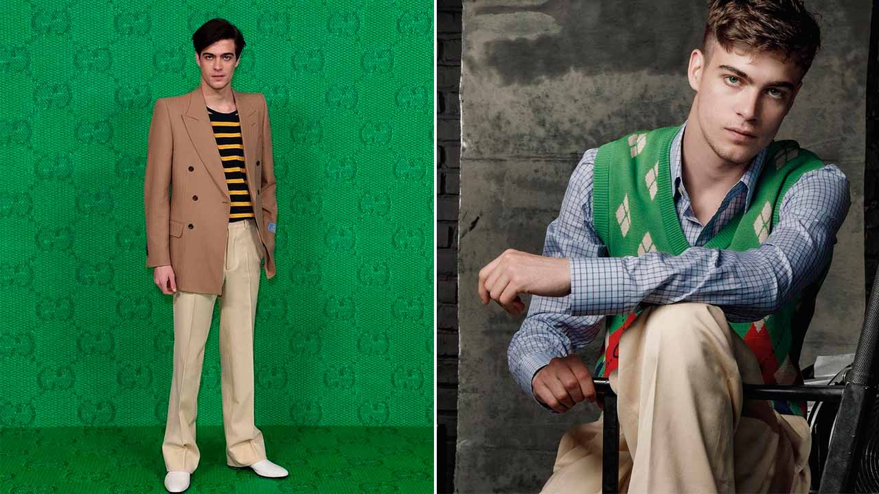 Montagem com duas fotos do ator Lorenzo Zurzolo um dos embaixadores globais da Gucci.
