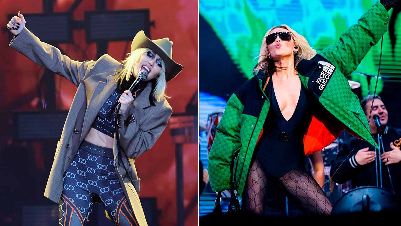 Montagem com duas imagens de Miley Cyrus, um das embaixadoras da Gucci.