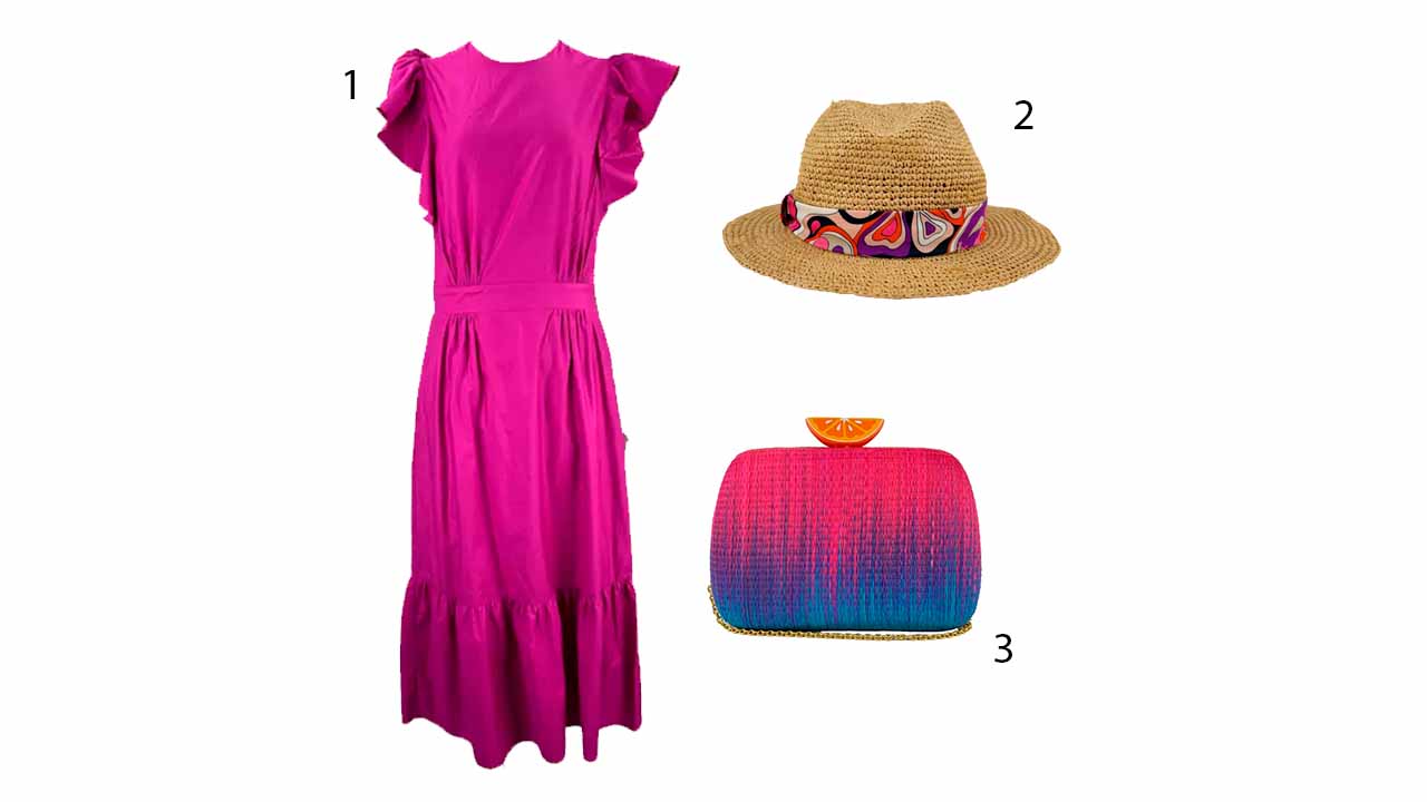 Montagem com vestido longo e acessórios de luxo para o verão: bolsa e chapéu de ráfia.