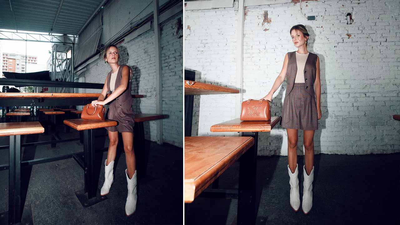 Imagem com duas fotos de mulheres usando alfaiataria combinada com botas western tendência desse ano.