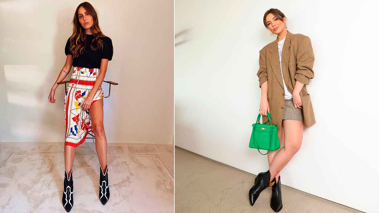 Imagem com duas fotos de mulheres usando saias combinadas com botas western tendência desse ano.
