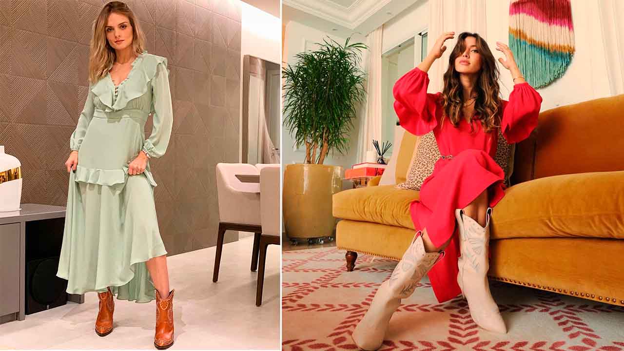 Montagem com fotos de duas mulheres usando vestidos longos combinados com botas western tendência de 2023.