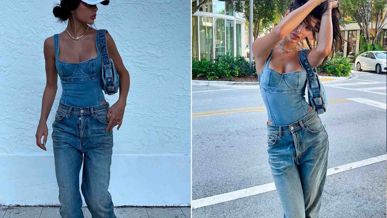 Montagem com duas fotos de mulher usando jeans.