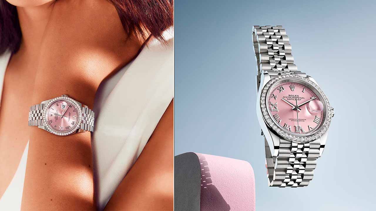Montagem de foto de mulher usando relógios Datejust da Rolex, um dos modelos femininos da marca.