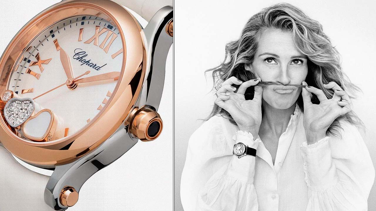 Montagem com duas fotos do relógio feminino Happy Hurts da  grife de luxo Chopard.