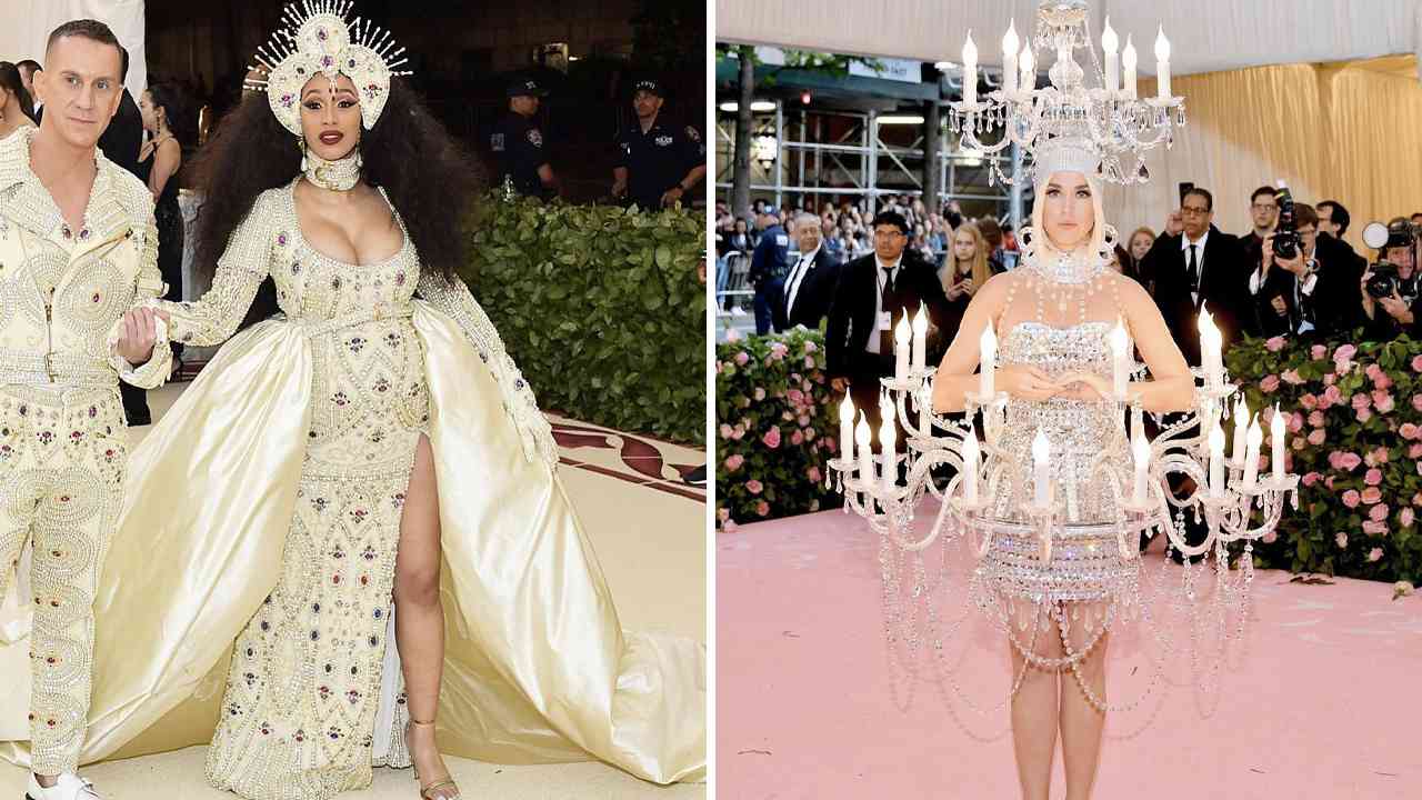 Cardi B no Met Gala 2018 e Katy Perry no Met Gala 2019 usando Moschino.Clique na imagem e confira mais criações! (Foto 1: Reprodução/Instagram @moschino; Foto 2: Reprodução/Instagram @themetgalaofficial) 