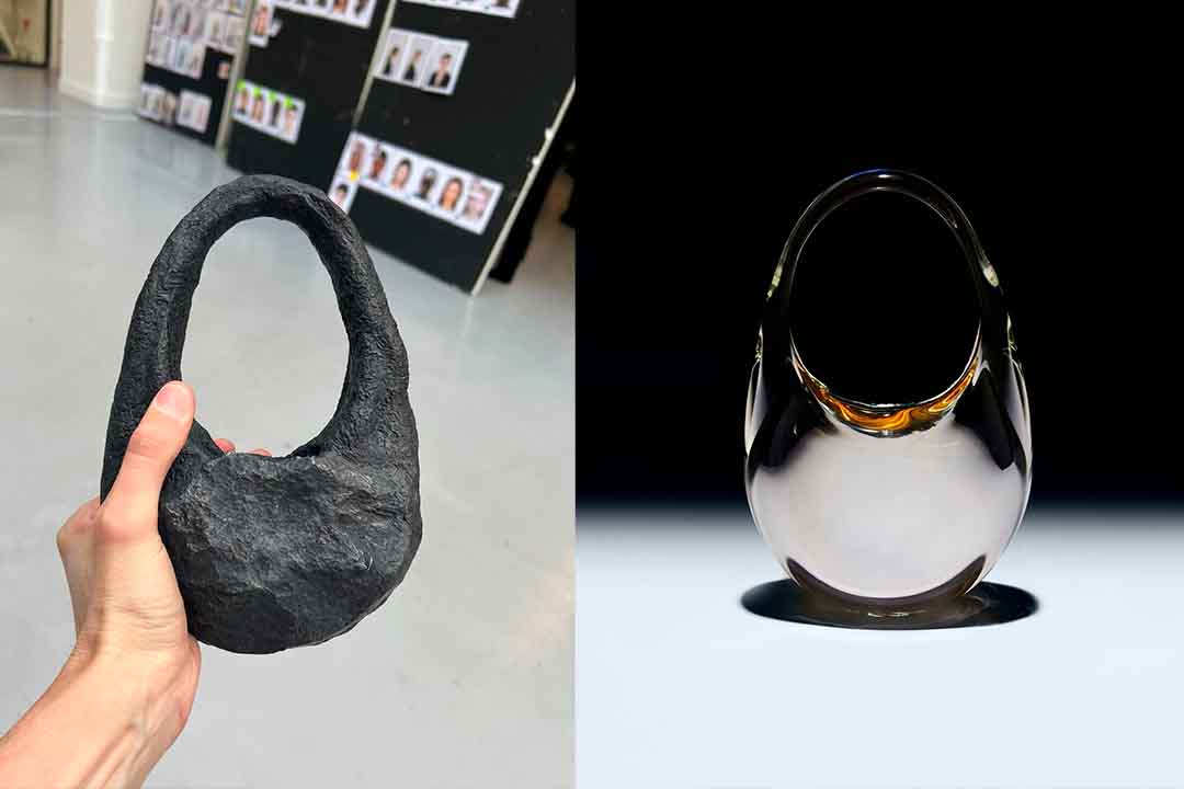 Montagem com foto da Mini Meteorite Swipe Bag e a Swipe Bag de vidro da Coperni.