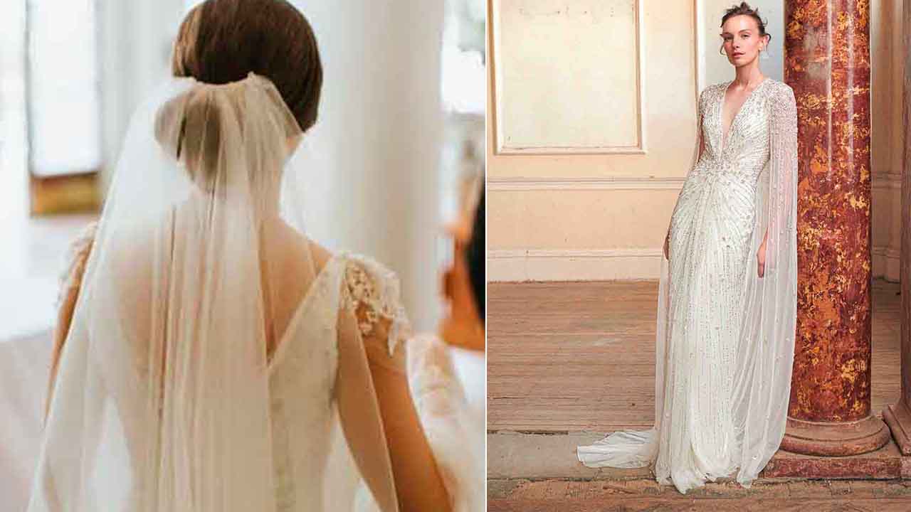 Montagem com duas fotos de mulher usando vestido de noiva.