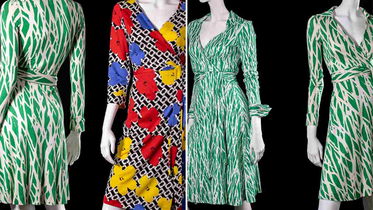 Modelos icônicos do Wrap Dress na Exposição sobre Diane von Fürstenberg. Clique na imagem e confira criações da estilista! (Foto: Reprodução/FashionandLaceMuseum.com)