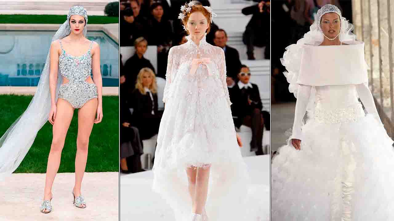 Montagem de tres fotos usando vestidos de noivas criados por Karl Largerfed para a Chanel.