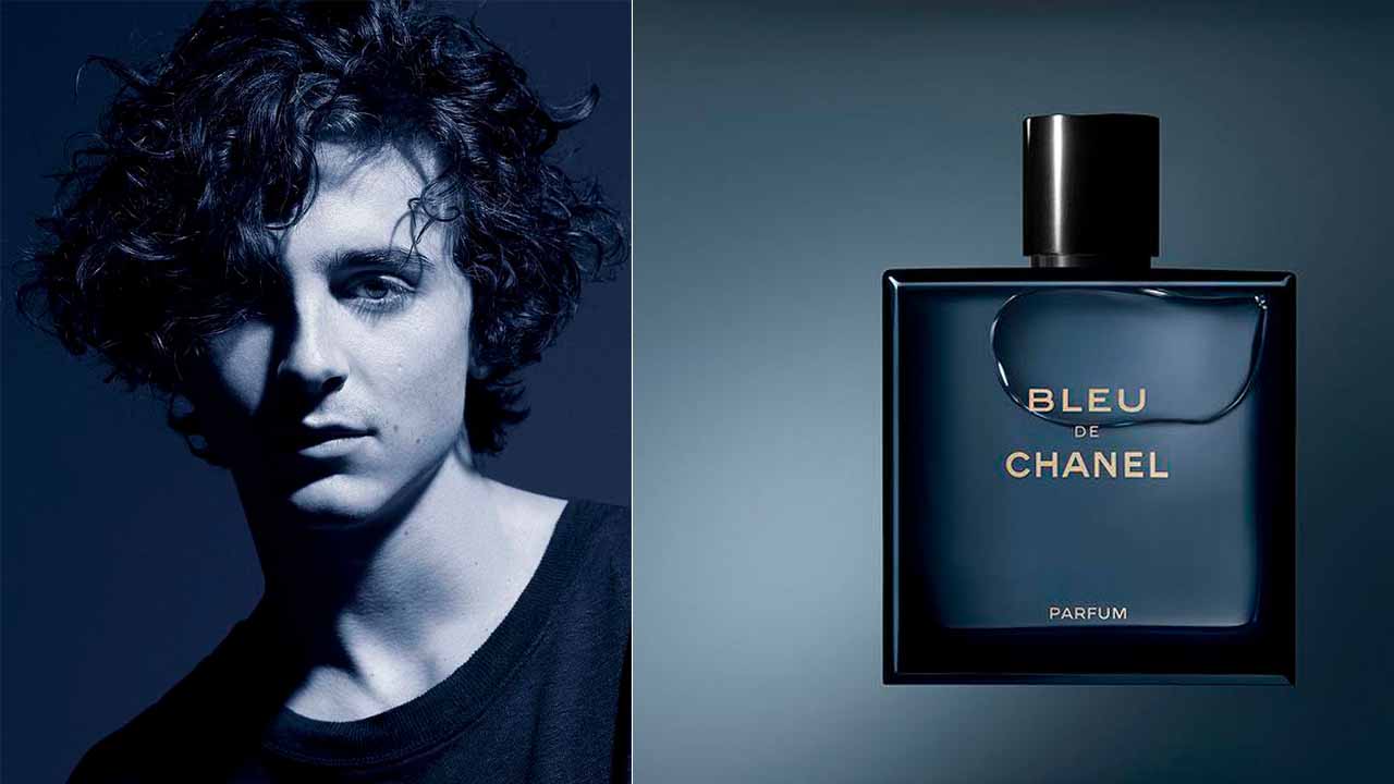 Montagem com duas imagens, uma do perfume Bleu de Chanel e outra do ator Timothée Chalamet.