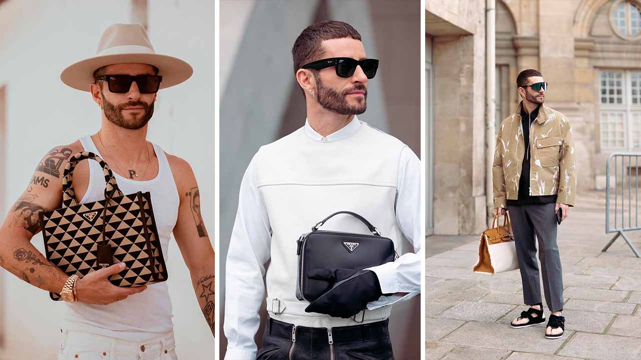 Montagem de três fotos de homem usando bolsas masculinas diferentes.