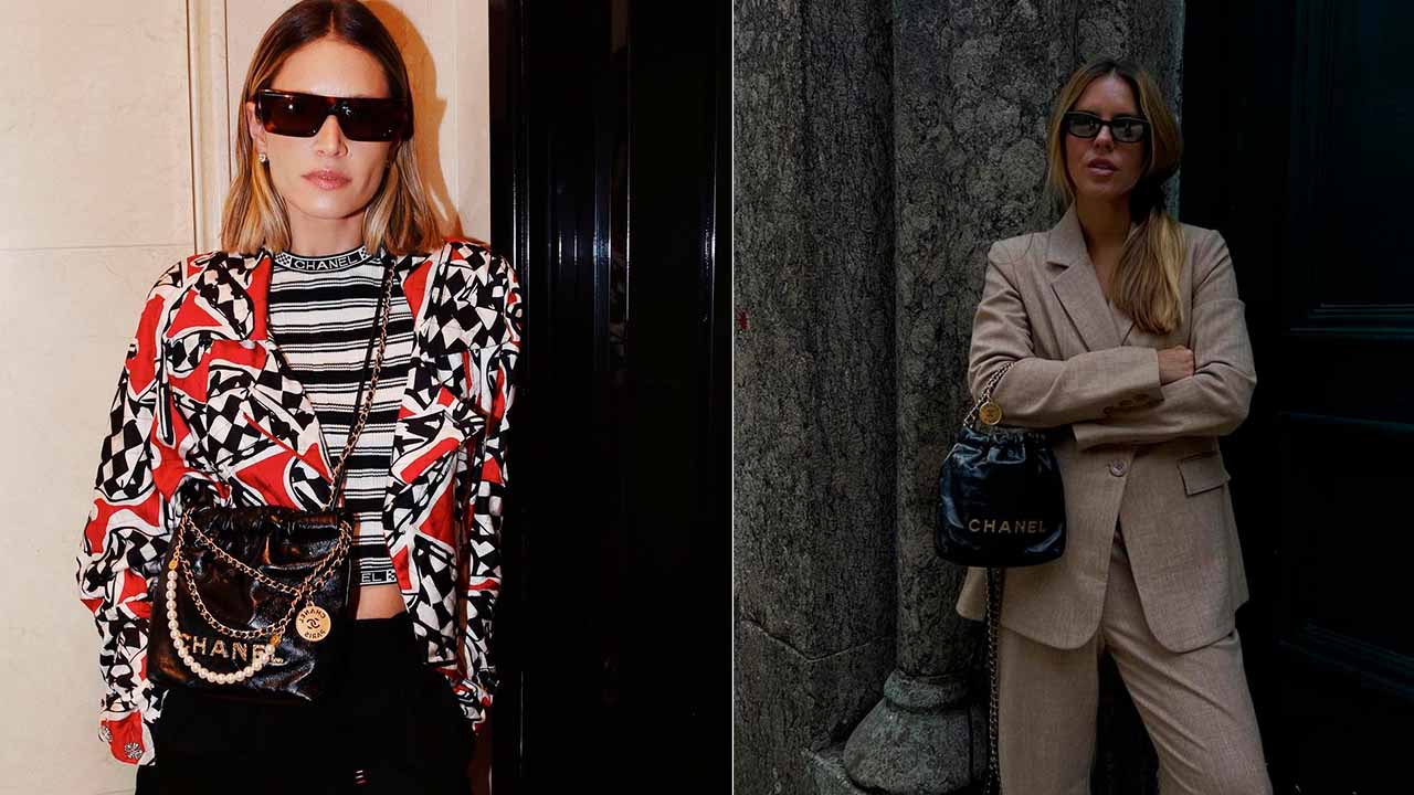 Montagem com duas fotos de mulheres usando bolsas de luxo da Chanel.