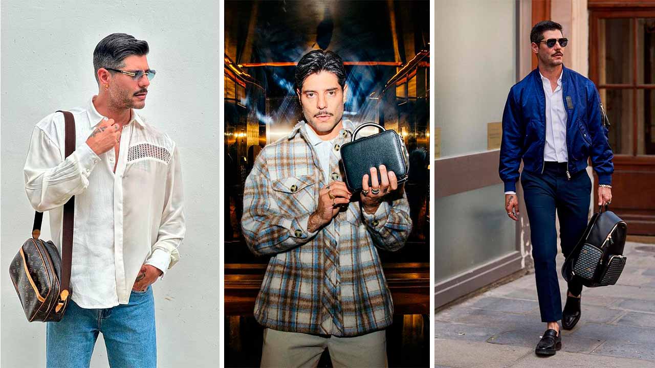 Montagem com três fotos de homem usando bolsa masculina em diferentes ocasiões.