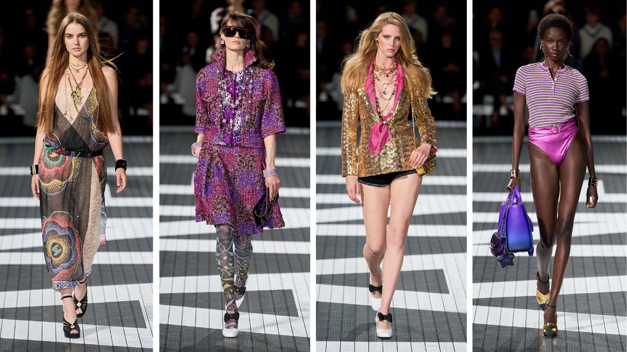 quatro imagens com modelos desfilando modelos da Chanel 