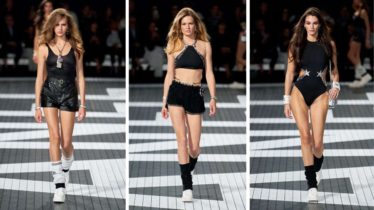 três imagens com modelos desfilando modelos da Chanel 