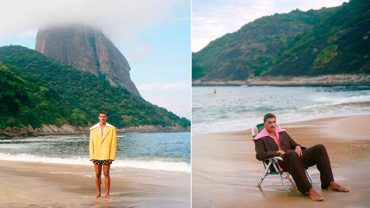 Montagem com duas fotos da campanha masculina Jacquemus no Rio de Janeiro.