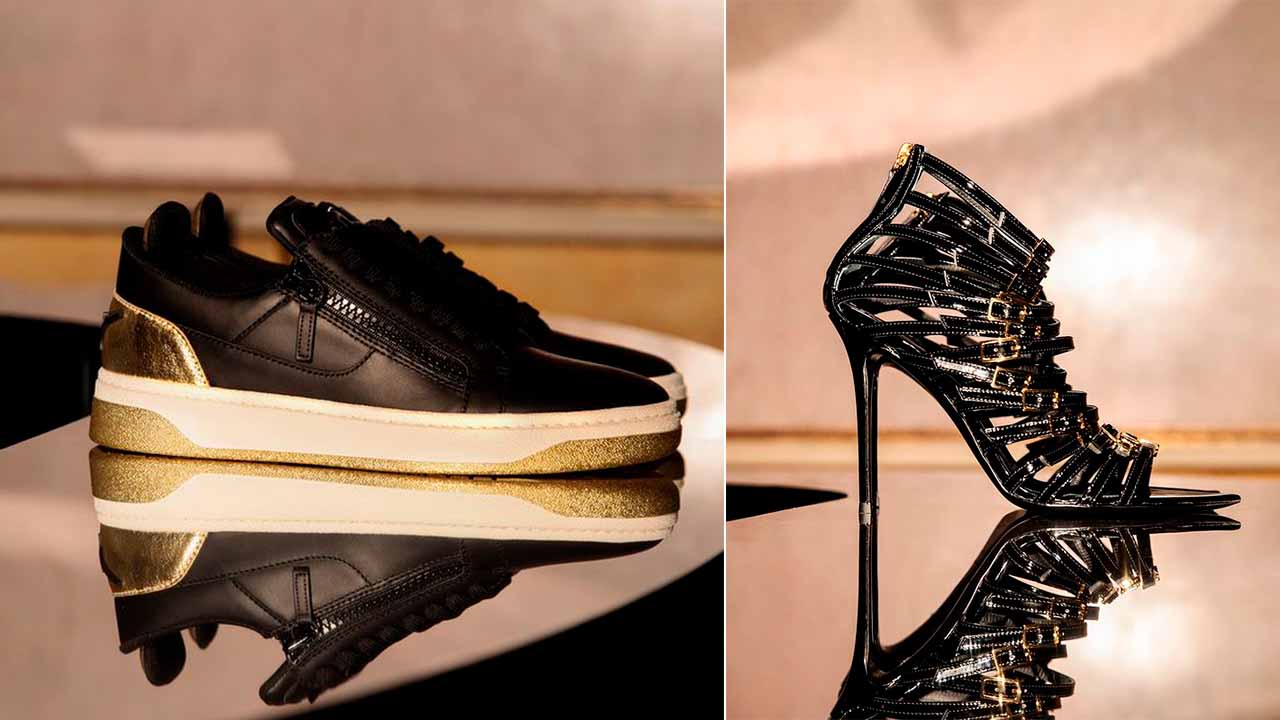 Montagem com duas fotos de sapatos de luxo de Giuseppe Zanotti.