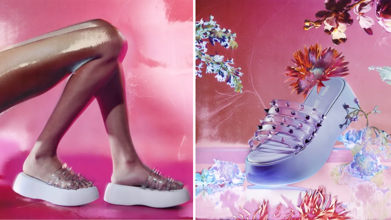 foto 1 mostra pernas de uma modelo vestindo a sandália da melissa. Foto 2 mostra a sandália em um fundo de plantas.