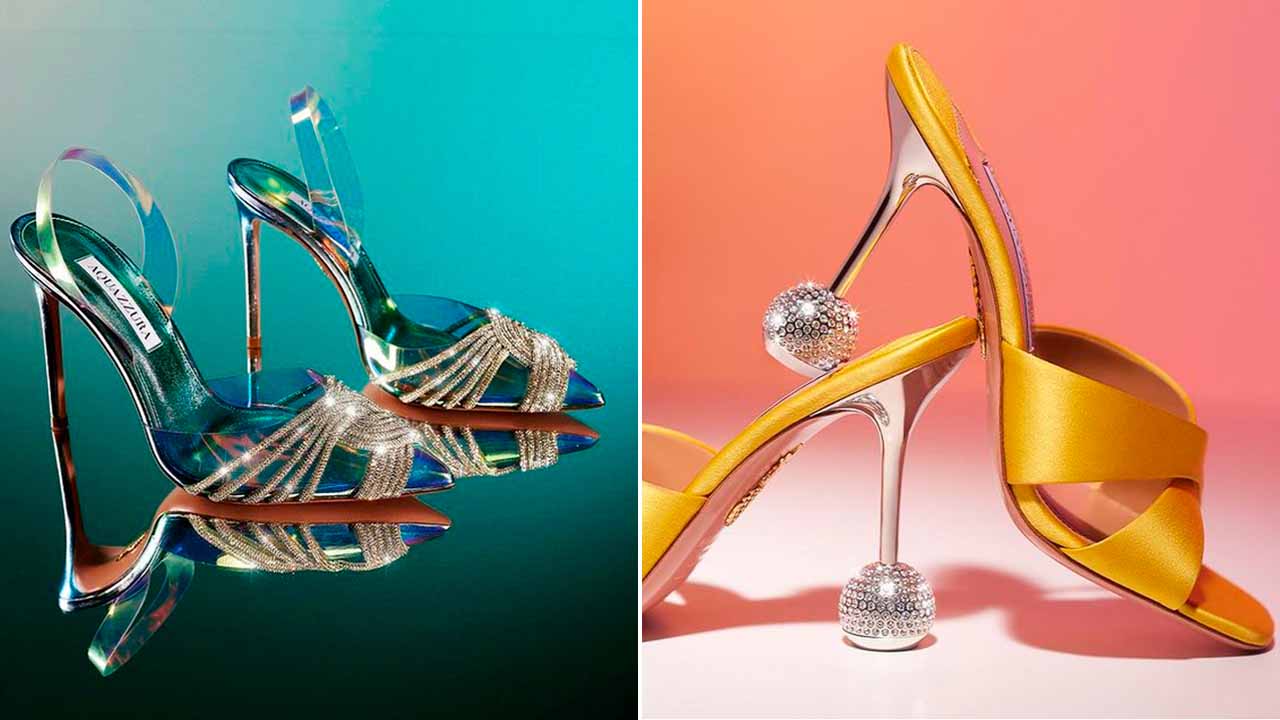 Montagem com duas fotos de dois modeos de sapatos de luxo da Aquazzura.