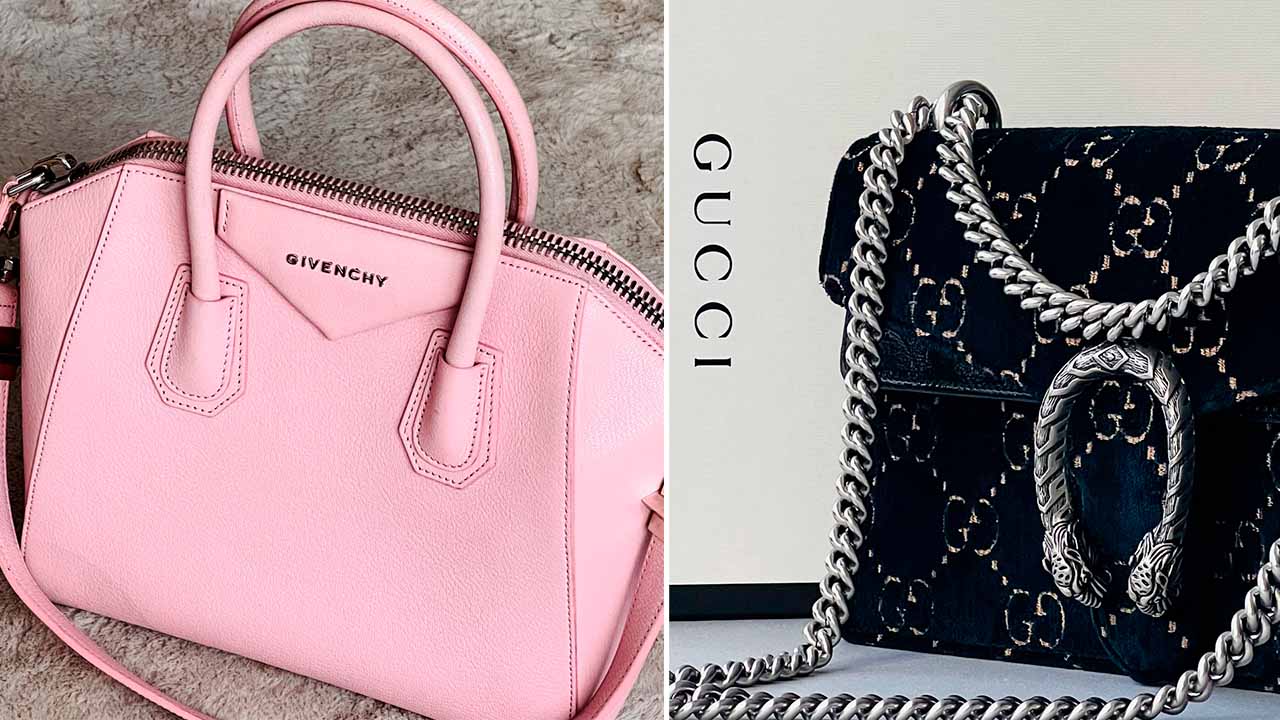Montagem com duas fotos: Bolsa ANtígona Givenchy e Bolsa Dionysus Gucci.