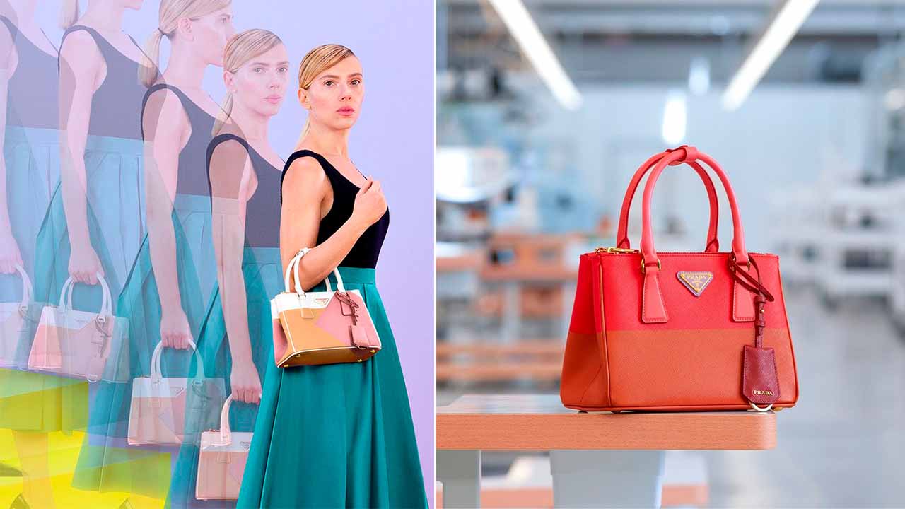 Montagem com duas fotos da Bolsa Prada Galleria 2023 com Scarlett Johansson.