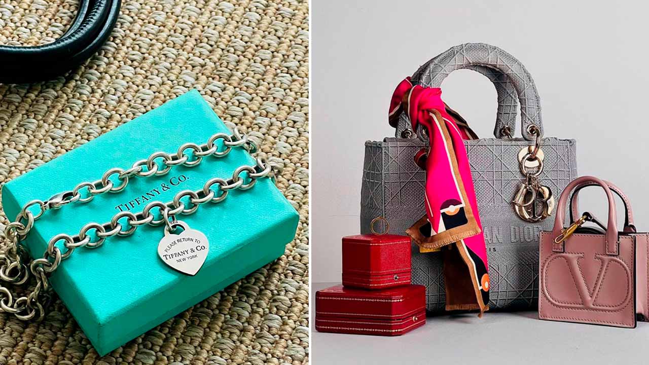 Duas fotos de acessórios de luxo: bolsas, pulseiras, anel e lenço.