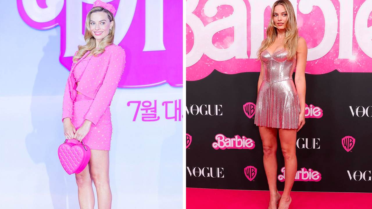 Margot Robbie usando rosa na divulgação de "Barbie". (Fotos: Reprodução/Instagram @andrewmukamal). Clique na imagem e confira uma coleção com peças rosa!