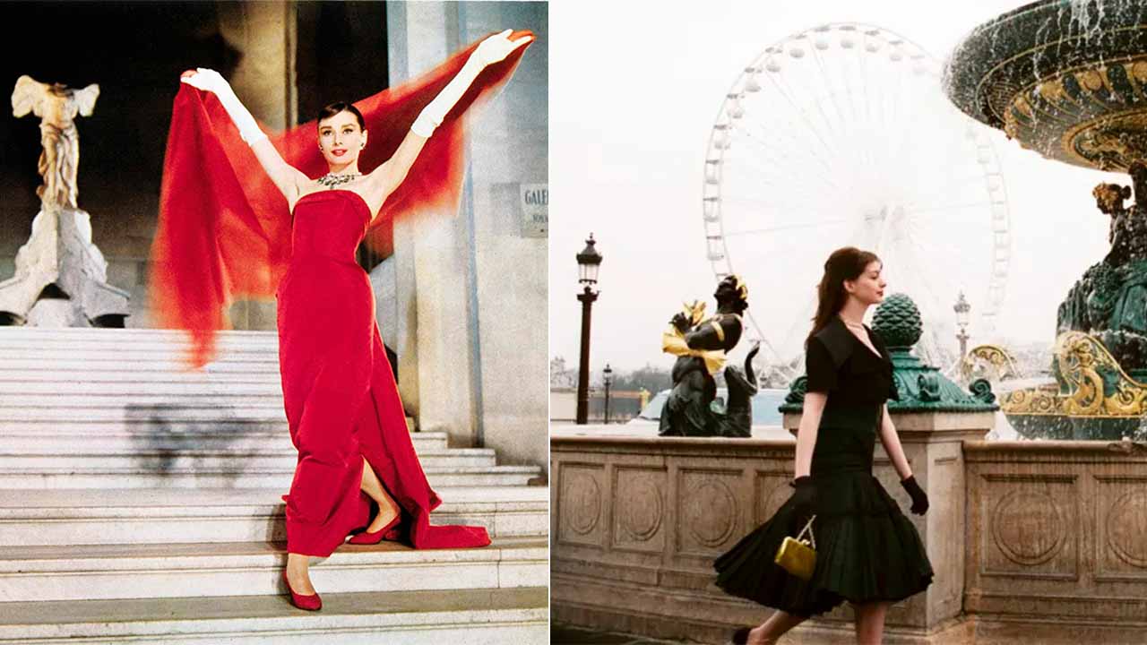 Montagem com duas fotos de pontos turísticos de Paris que foram cenário de filmes importantes. A primeira foto na escadaria do Louvre onde foi filmado Cinderela em Paris, a segunda a Fonta da praça da concórdia, onde foi gravada uma cena do longa O Diabo Veste Prada.