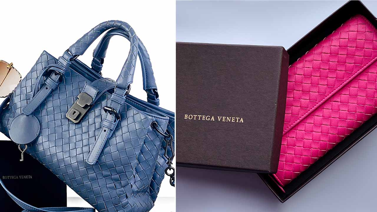 Bolsa e carteira da Bottega Veneta uma das marcas de luxo que tem o intrecciato como símbolo famoso.