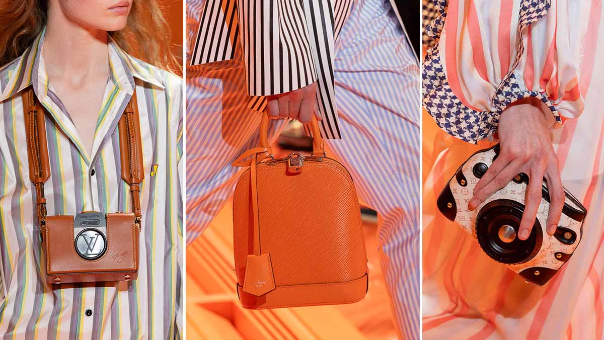 Montagem com três fotos das novas bolsas da Louis Vuitton.