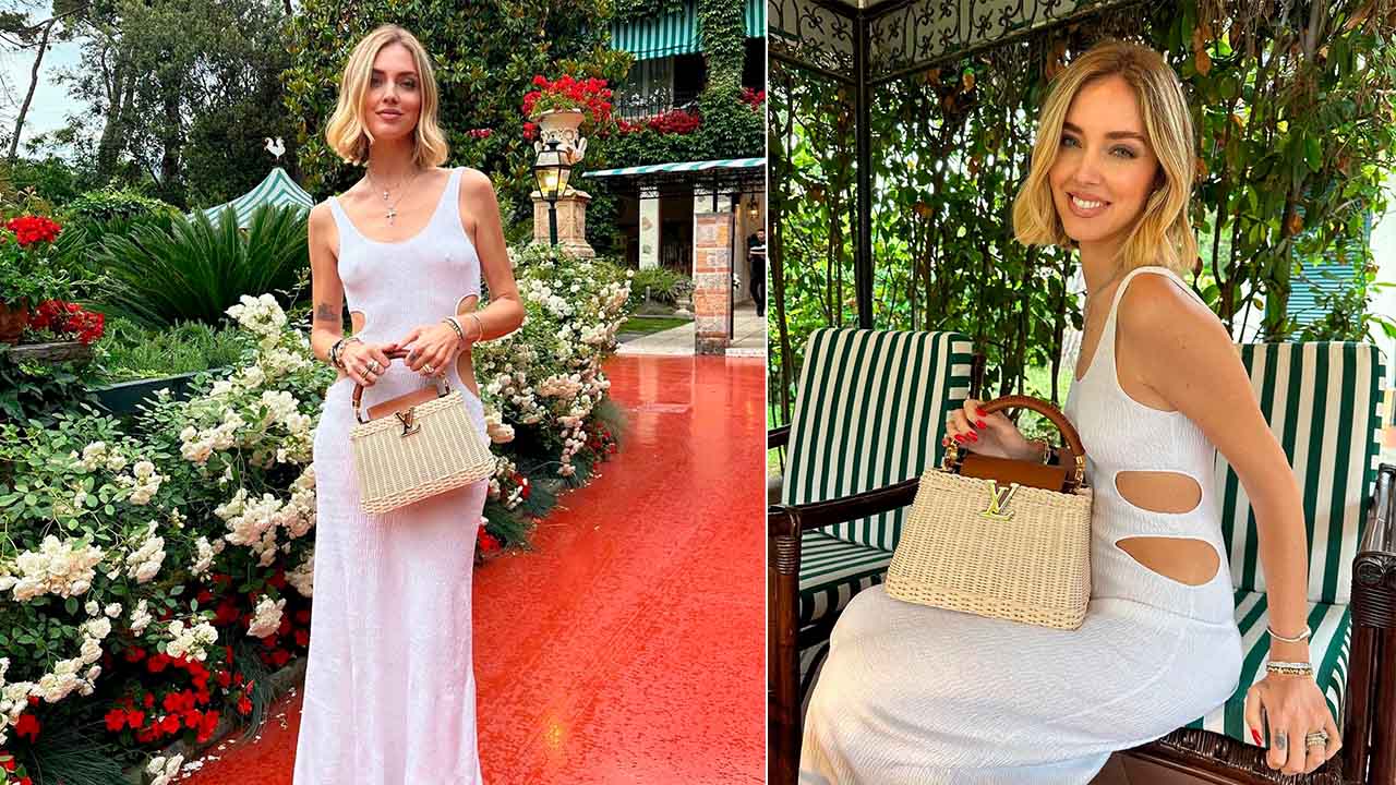 Duas fotos de mulher carregando bolsa de vime da Louis Vuitton.