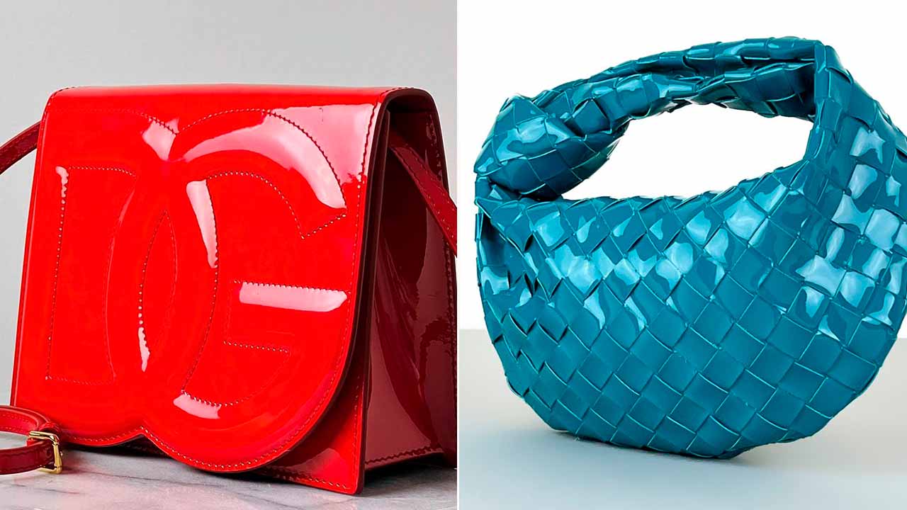 Montagem com duas fotos de bolsas de luxo de couro de verniz: A primeira D&G Logo Bag em verniz e a segunda, Bottega Veneta Jodie de couro envernizado.