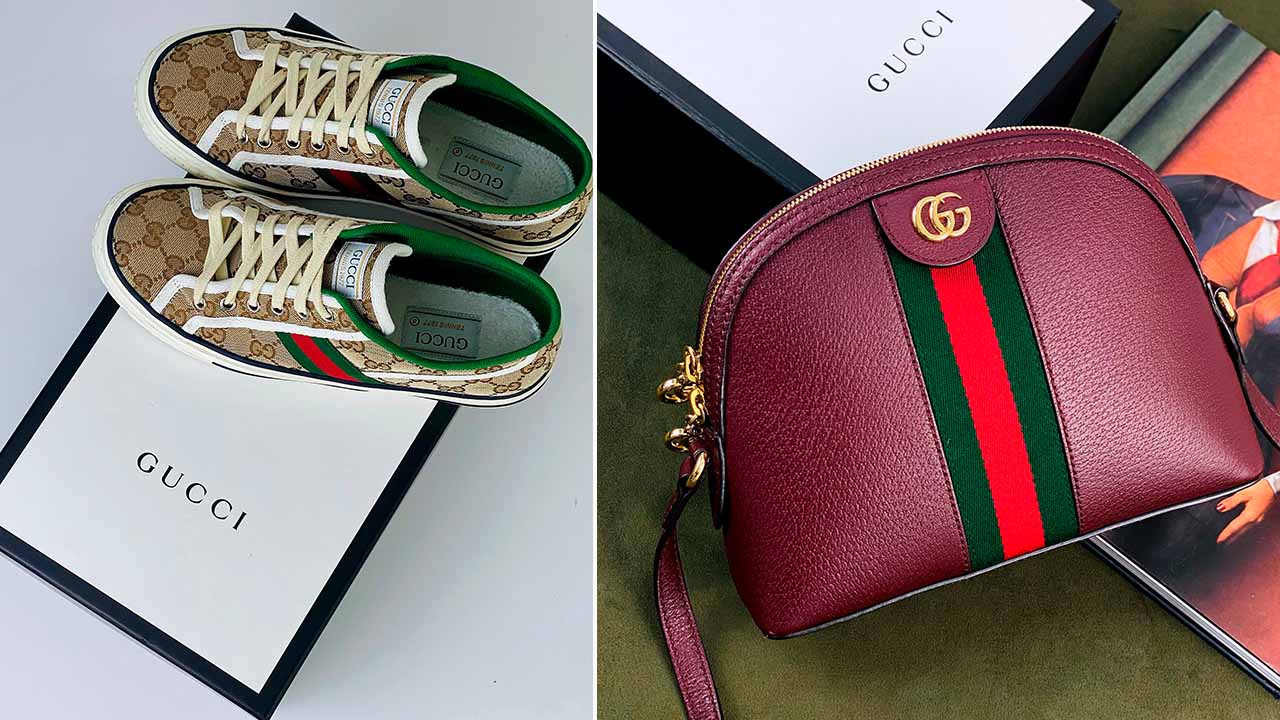 Tênis e Bolsa Gucci com aplicação da famosa faixa web que torna a grife comon uma das marcas de luxo fácil de se reconhecer.
