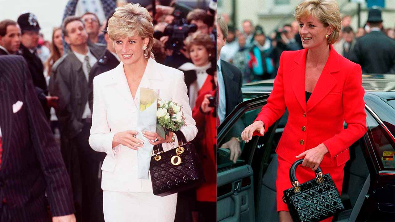 Duas fotos da Princesa Diana carregando a Bolsa Lady Dior.
