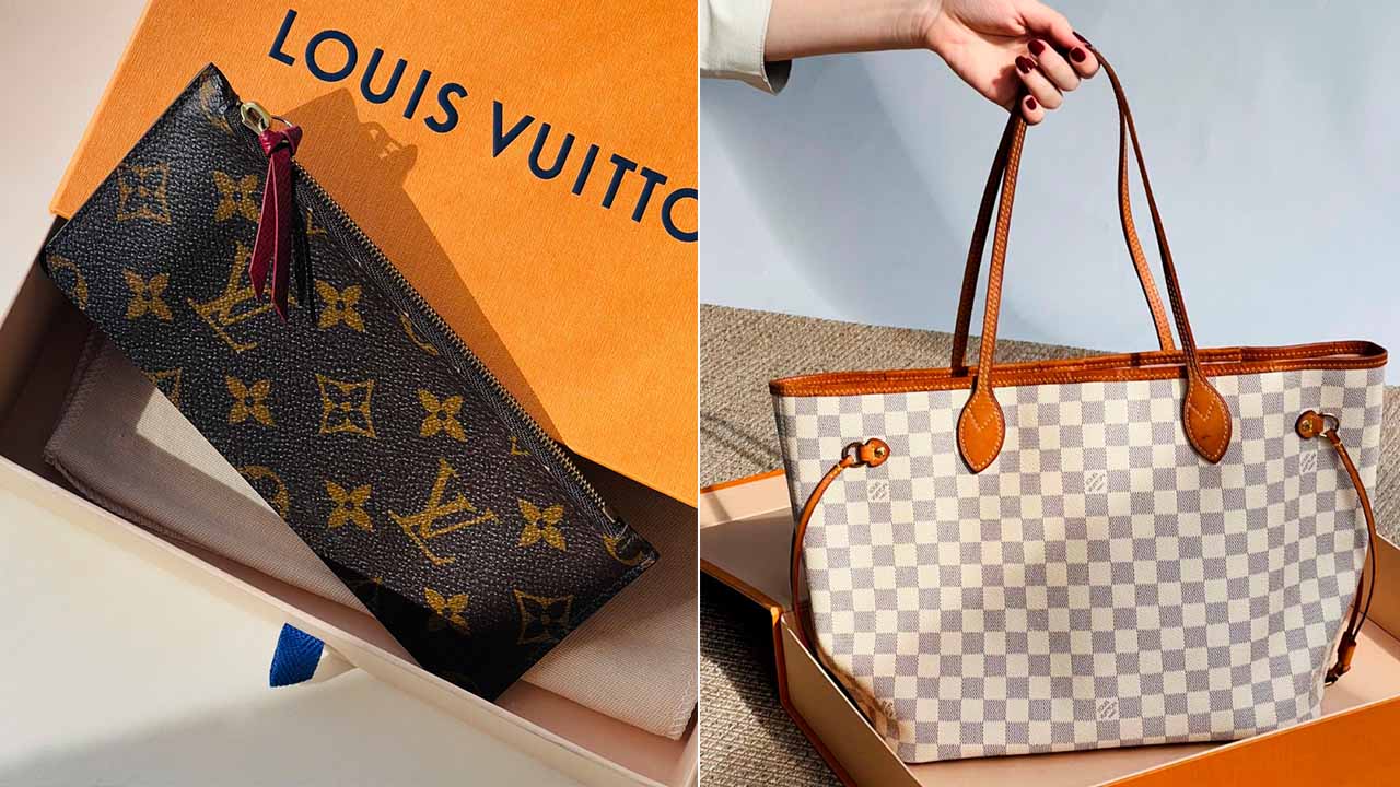 Montagem com duas fotos de Bolsas Louis Vuitton, uma das marcas de luxo mais pesquisadas no google em 2023.