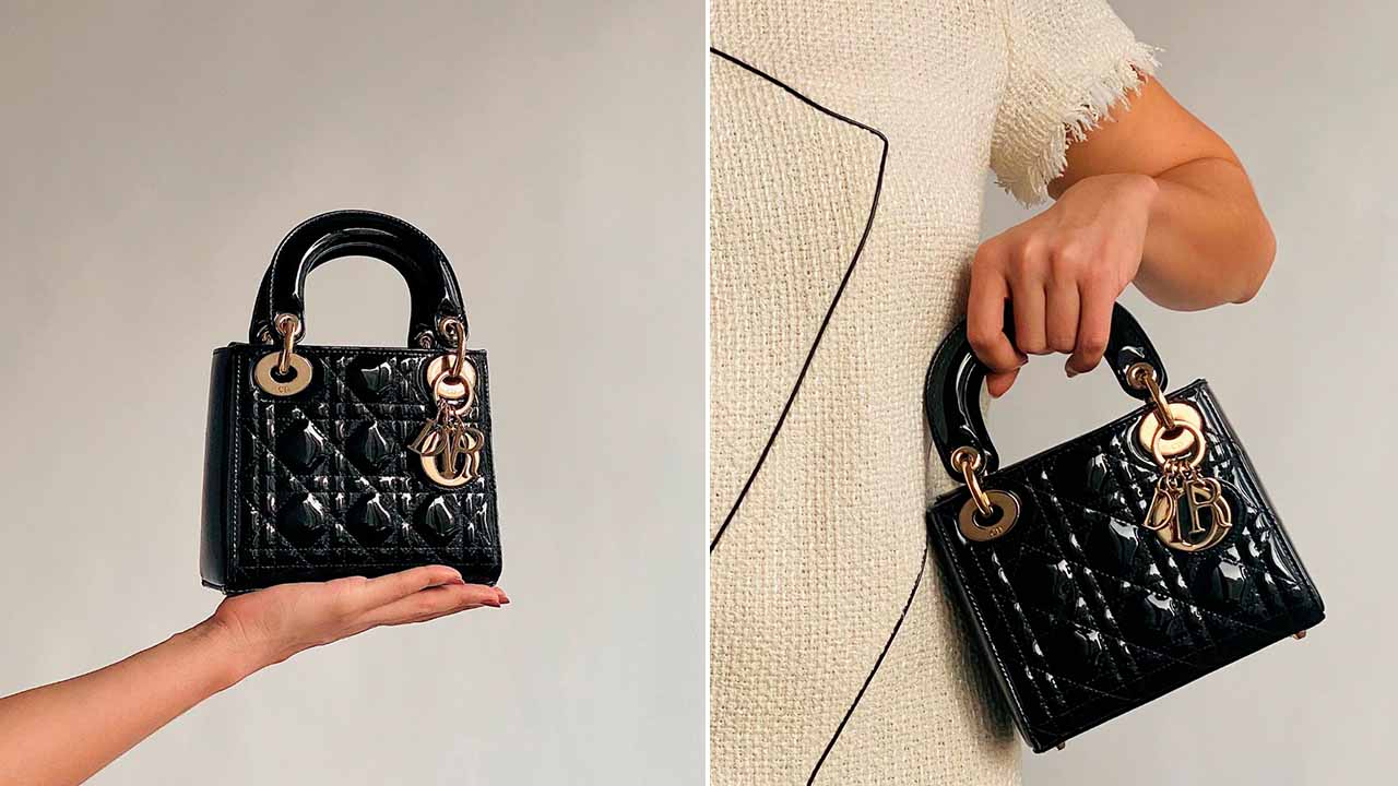 Montagem com duas fotos de mini bags Lady Dior.