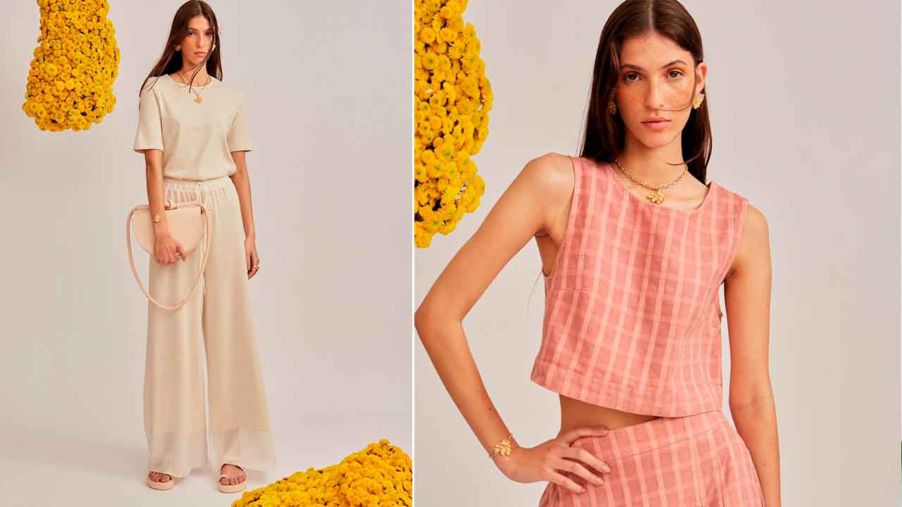 Duas fotos de roupas da Flavia Aranha exemplo de marca brasileira de moda sustentável.