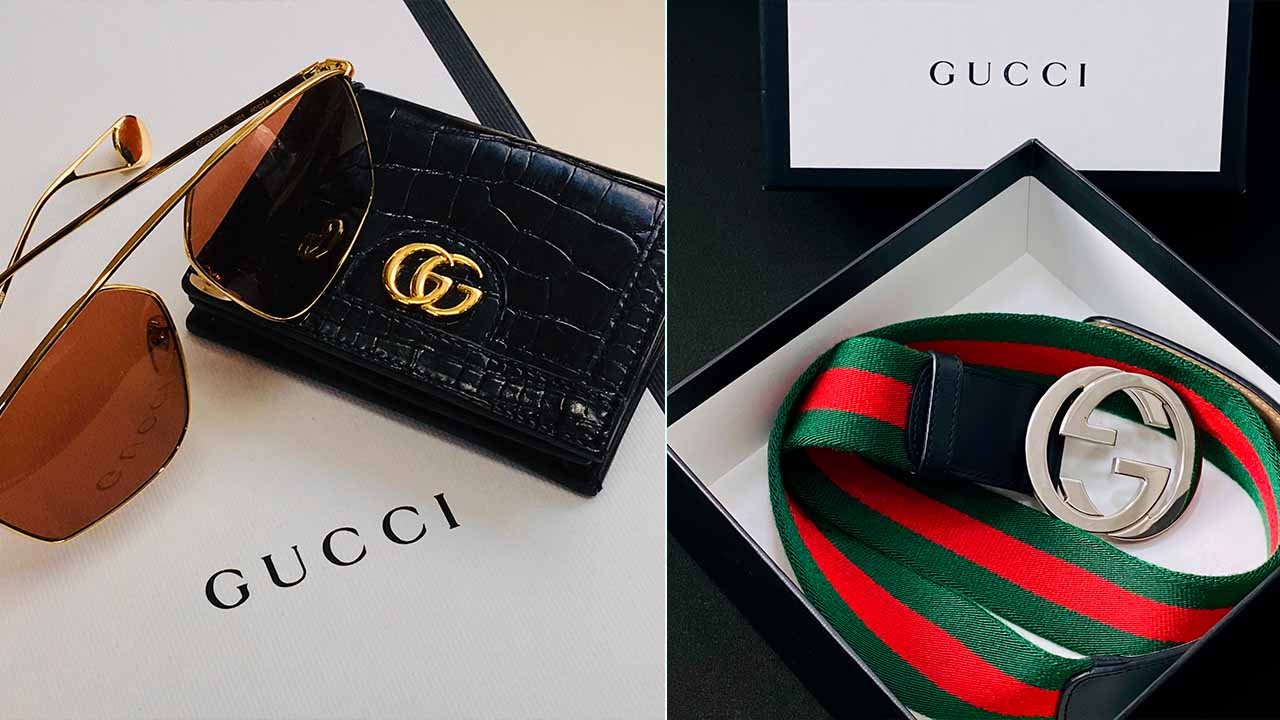 Acessórios de luxo da Gucci: montagem com uma foto de cinto, e outra com carteira e óculos de sol Gucci.