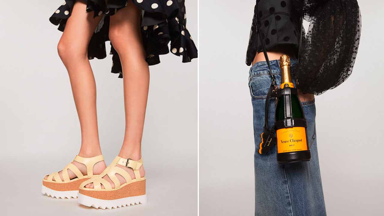 Montagem com duas fotos de criações da Stella McCartney sendo uma sandália e uma garrafa de champagne Veuve Clicquot.