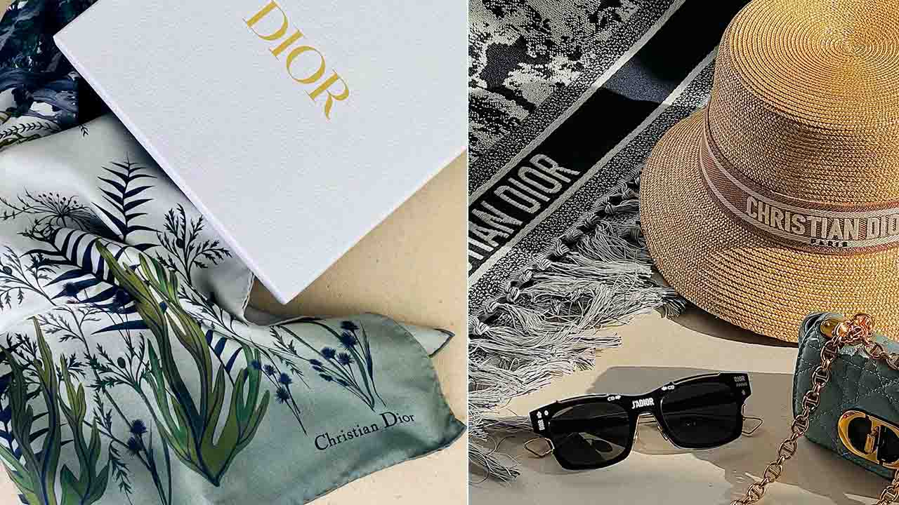 Acessórios de luxo da Dior: chapéu, lenço, óculos e bolsa.